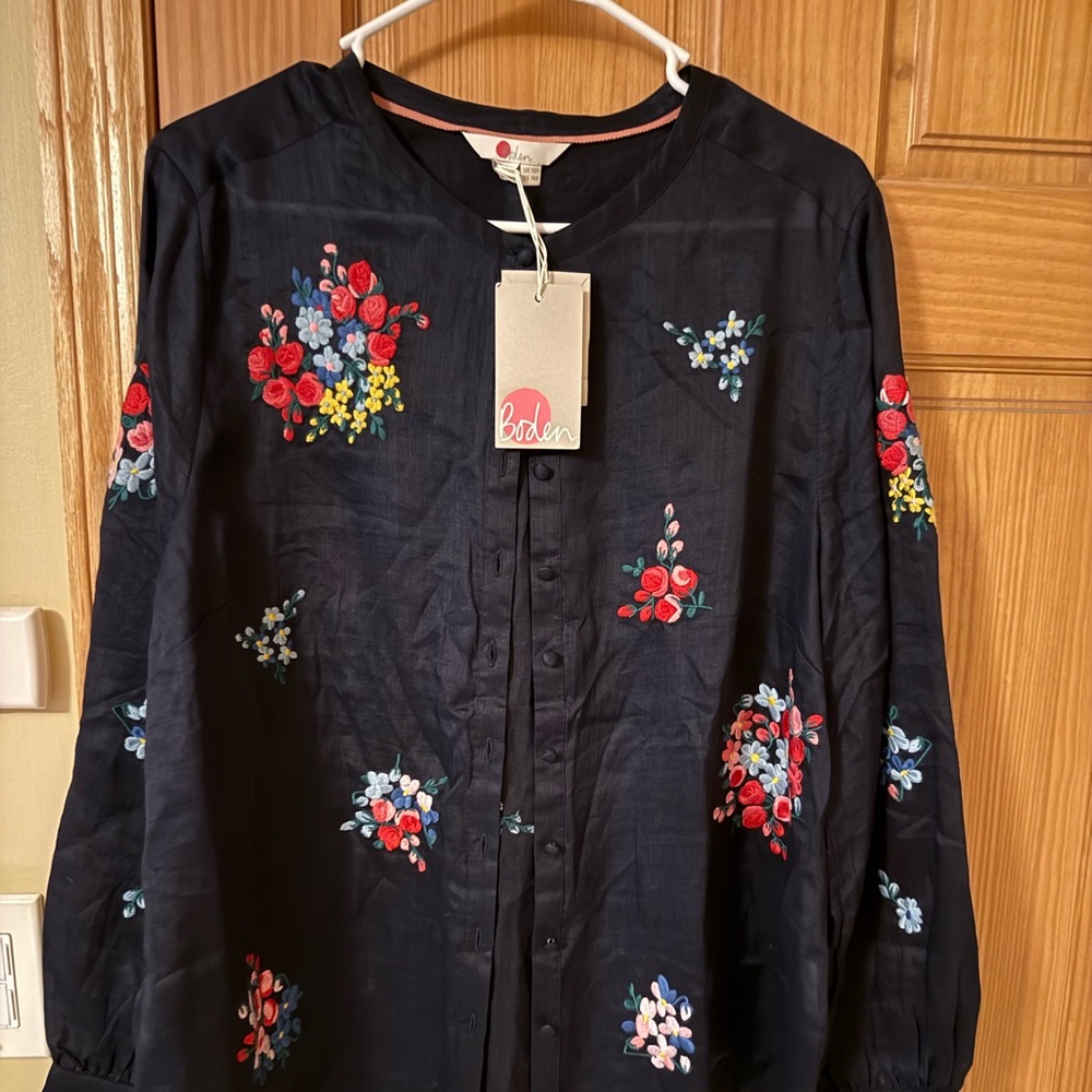 Bode. Floral Embroidered Navy Blouse
